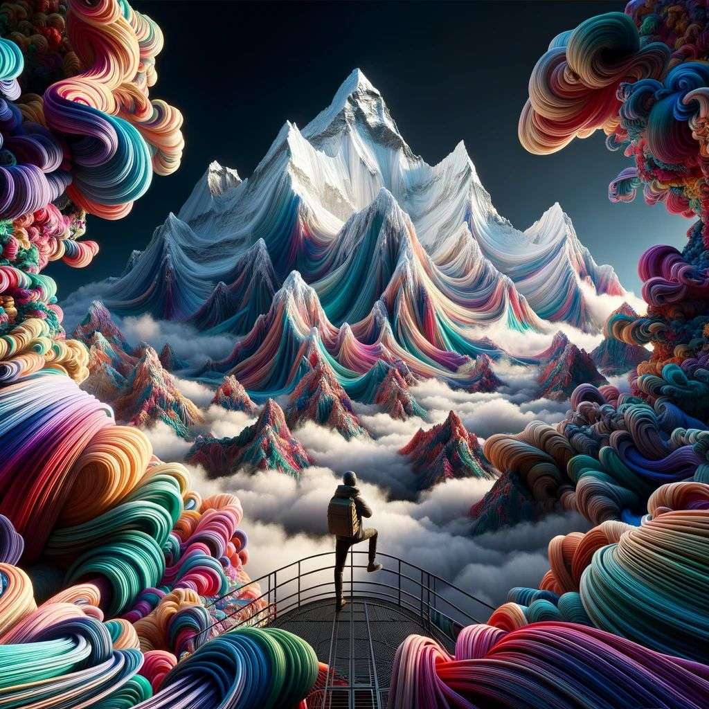 someone gazing at Mount Everest made of very detailed curling wispy glowing multicolored smoke, digital art, volumetric, 3D render, Octane render